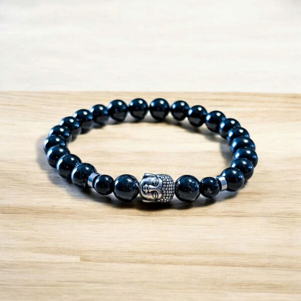 Bracelet en Pierre Naturelle Spinelle Noire 8 mm avec Tête de Bouddha et Séparateurs en Acier inoxydable – Image 5