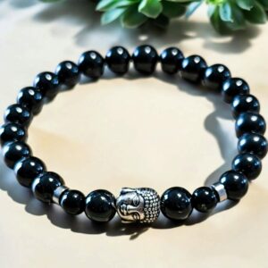 Bracelet en Pierre Naturelle Spinelle Noire 8 mm avec Tête de Bouddha et Séparateurs en Acier inoxydable