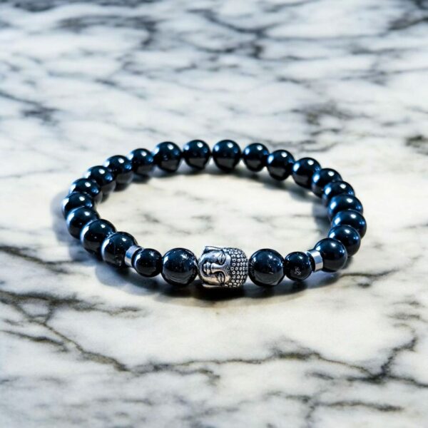 Bracelet en Pierre Naturelle Spinelle Noire 8 mm avec Tête de Bouddha et Séparateurs en Acier inoxydable – Image 3