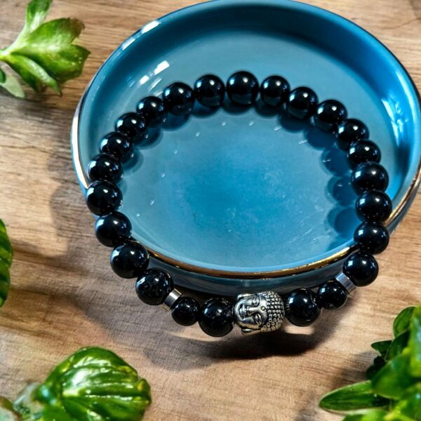 Bracelet en Pierre Naturelle Spinelle Noire 8 mm avec Tête de Bouddha et Séparateurs en Acier inoxydable – Image 2