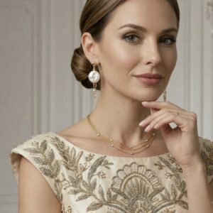 Boucles d’oreilles en perles d’eau douce baroques et chaîne dorée – Élégance intemporelle