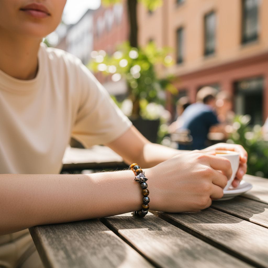 Bracelet Homme Œil de Tigre & Hématite Magnétique – Tête de Loup – Image 2