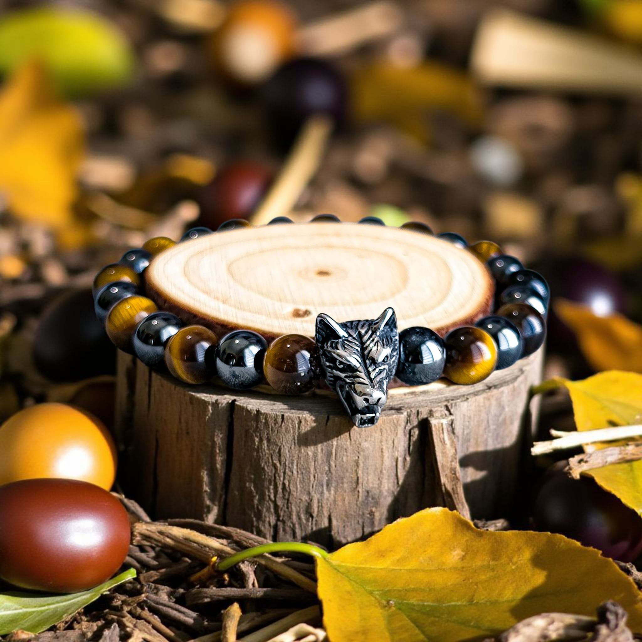 Bracelet Homme Œil de Tigre & Hématite Magnétique – Tête de Loup – Image 3