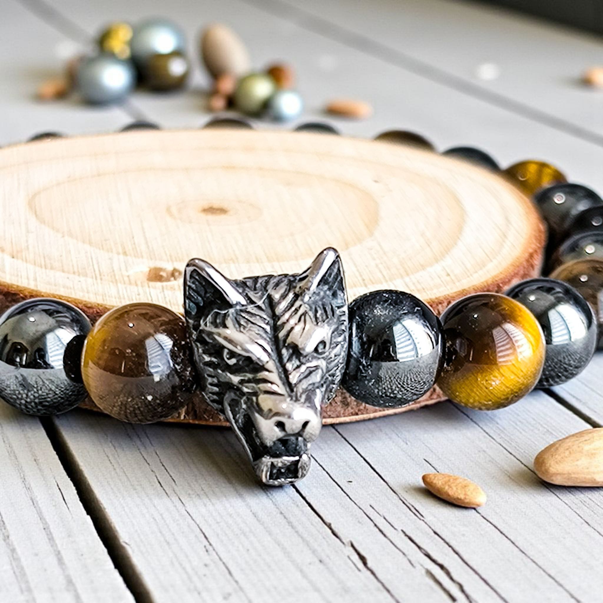 Bracelet Homme Œil de Tigre & Hématite Magnétique – Tête de Loup – Image 4
