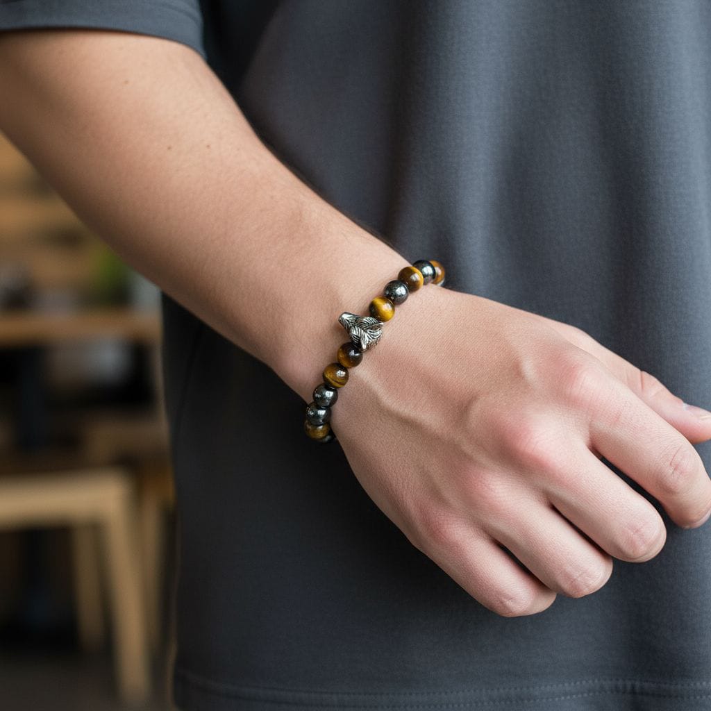 Bracelet Homme Œil de Tigre & Hématite Magnétique – Tête de Loup